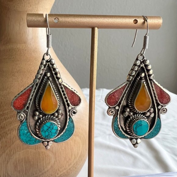 Tribal Boho Style Tibetan Silver Turquoise Coral Copal Amber Inlay Earrings - Picture 8 of 12
